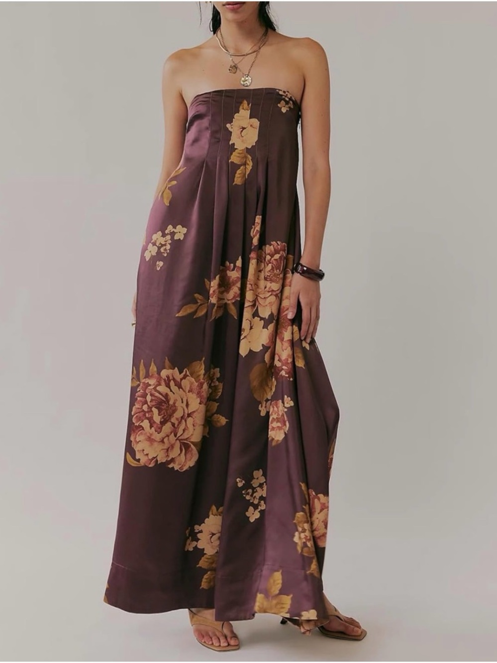 Strapless Floral Maxi Dress in Deep Plum and Mustard